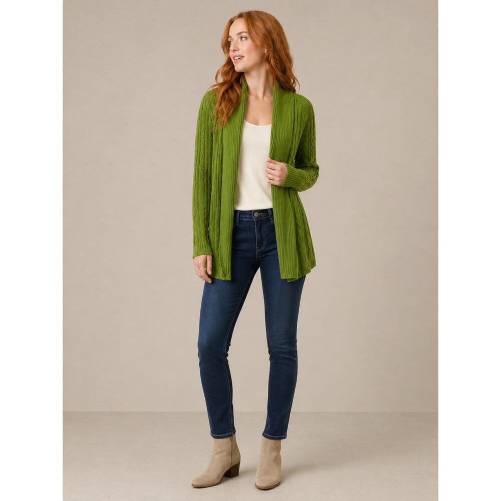 Chicos Green Cardigan Sweater Size 1 Cable Knit Open Front